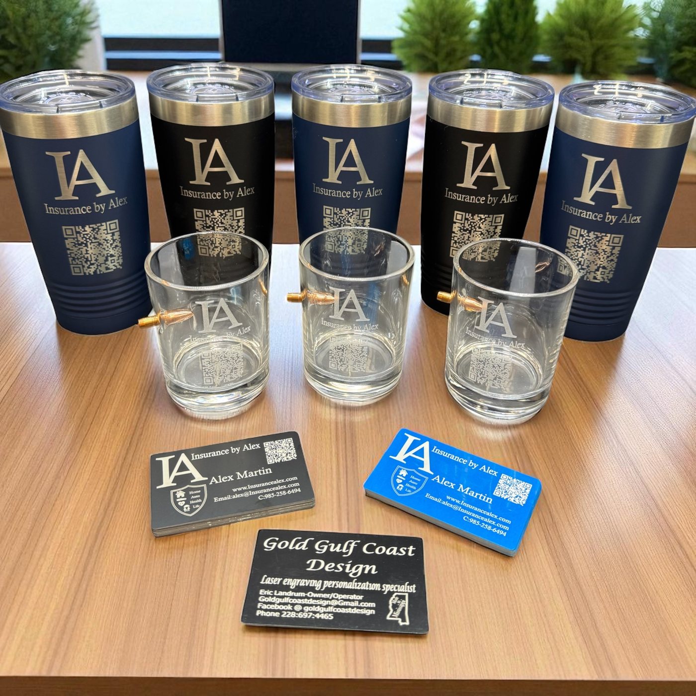 Custom business branding with engraved tumblers and cards